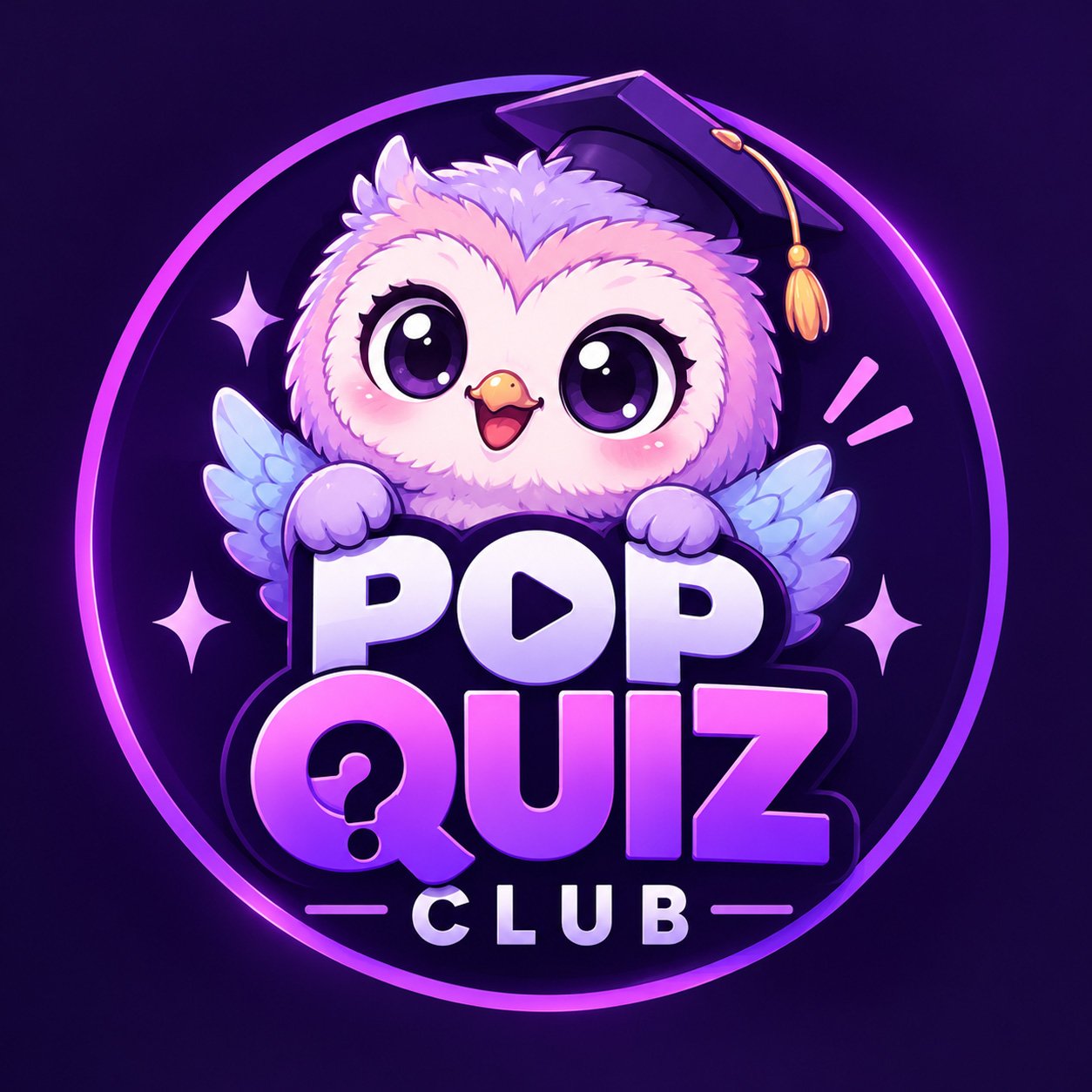 Strix, uma corujinha com chapéu de formatura, sobre o emblema Pop Quiz Club